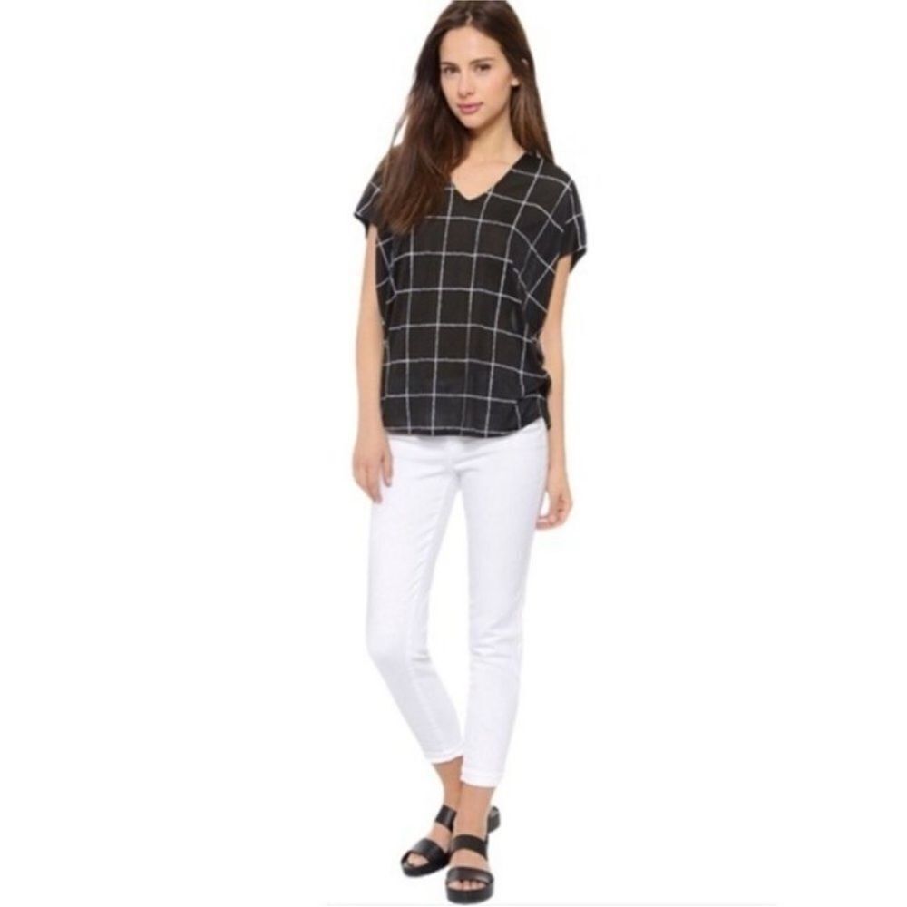 Vince Black and White Windowpane Relaxed Short Sleeve Shirt